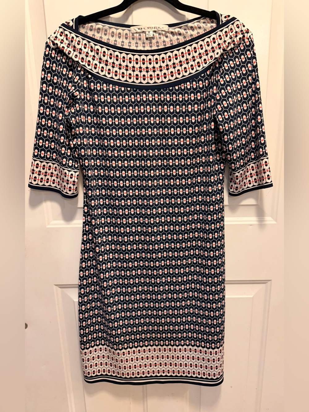 Max Studio Navy, White and Red Off-Shoulder Midi Dress